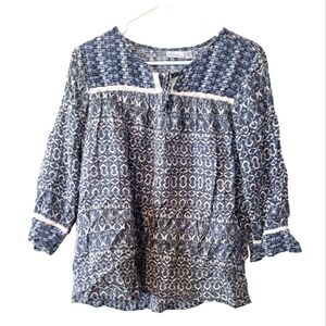 Kim Rogers Cottagecore Peasant Blue White Women's Blouse Size Medium
